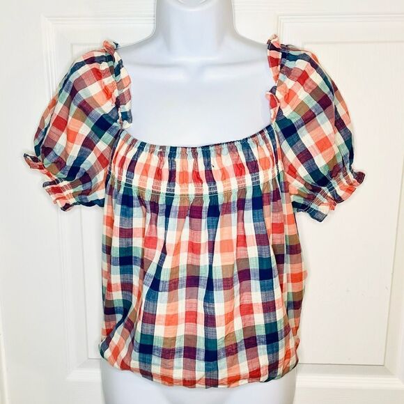JCrew Smocked Cotton Crop Top Summer Madras Plaid Checkered Orange Blue S - Picture 5 of 11